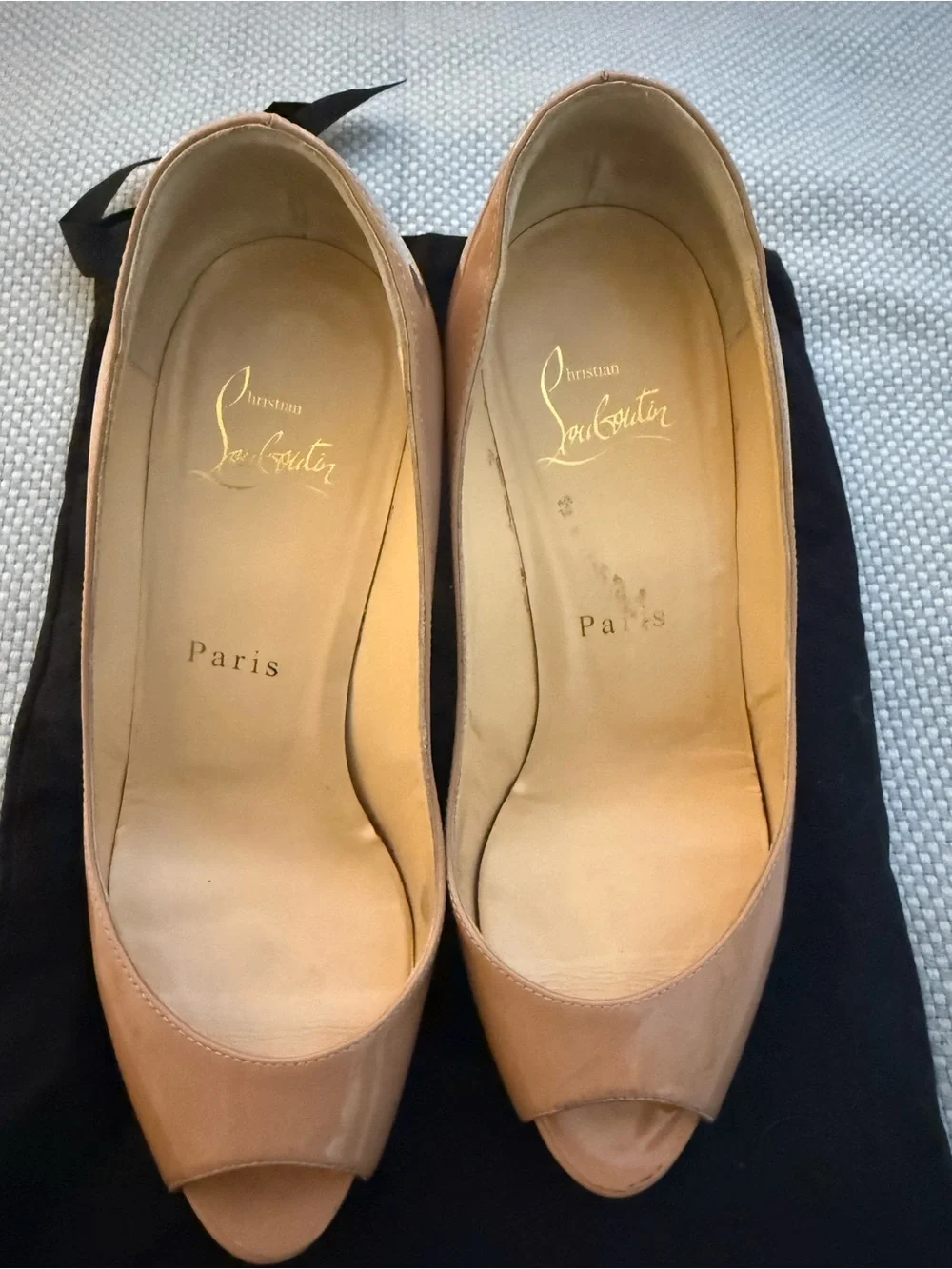 Christian Louboutin Nude Patent Peep-Toe Pumps with Red Sole